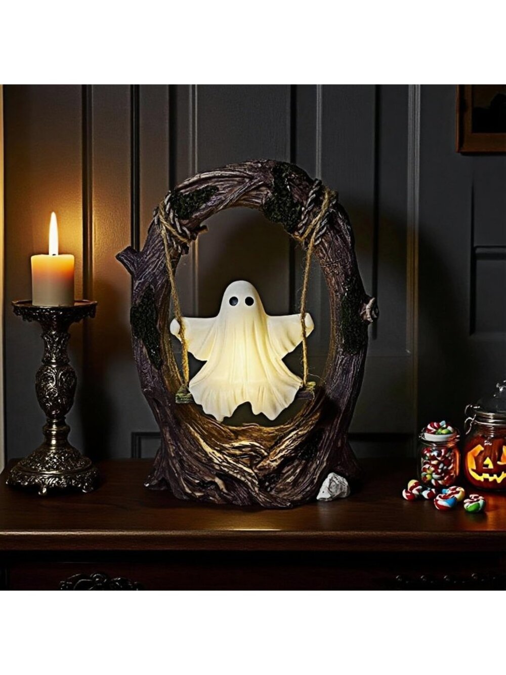 Swinging Ghost on Tree Swing Figurine Cute Halloween Indoor Outdoor Garden Decor - Picture 3 of 7